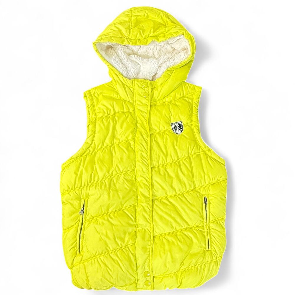 American Eagle Puffer Vest Hooded‎ Sherpa Lined Plaid Y2K Gorpcore Neon Yellow M